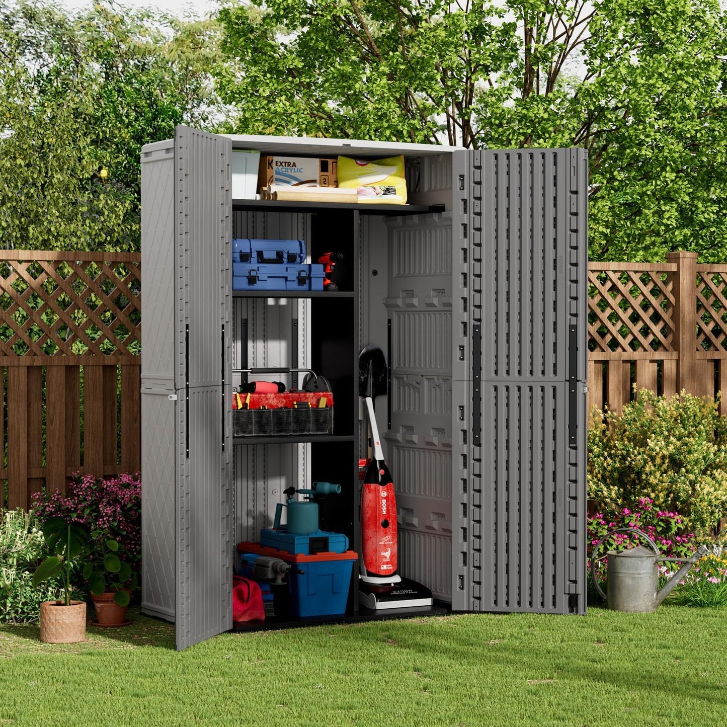 ZZM 67 Cuft Vertical Outdoor Storage Shed Diamond Texture Resin Outdoor Cabinet, 4x6 Sheds FT for Garden, Patio, Backyard, All-Weather Plastic Storage Clearance, Lockable with Floor (Grey-White)