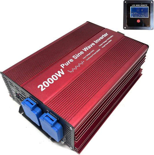 2000W Pure Sine Wave Inverter 12V to 120V AC with 2 AC outlets (IP54 ETL Approved Sockets),DC5V 2 Amp USB Output, LCD Wire Remote kit and OFC Battery Cables,Input terminals Fixing Wrench