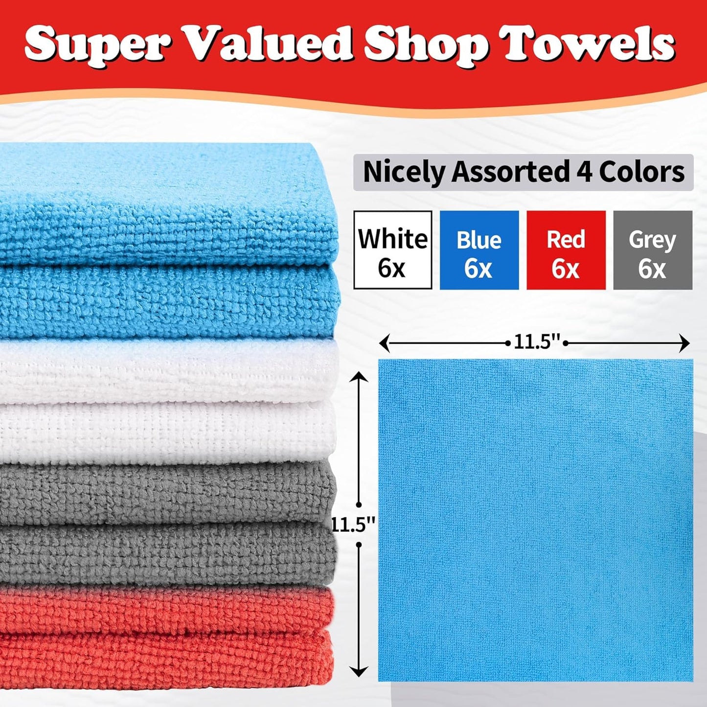 FIXSMITH Shop Towels, Microfiber Cleaning Cloth Bulk, 24 Pack Microfiber Towels for Cars, All-Purpose Absorbent Cleaning Rags, Dust Cloth for Automotive, Mechanic, Garage, Bar, 11.5 x 11.5 inch