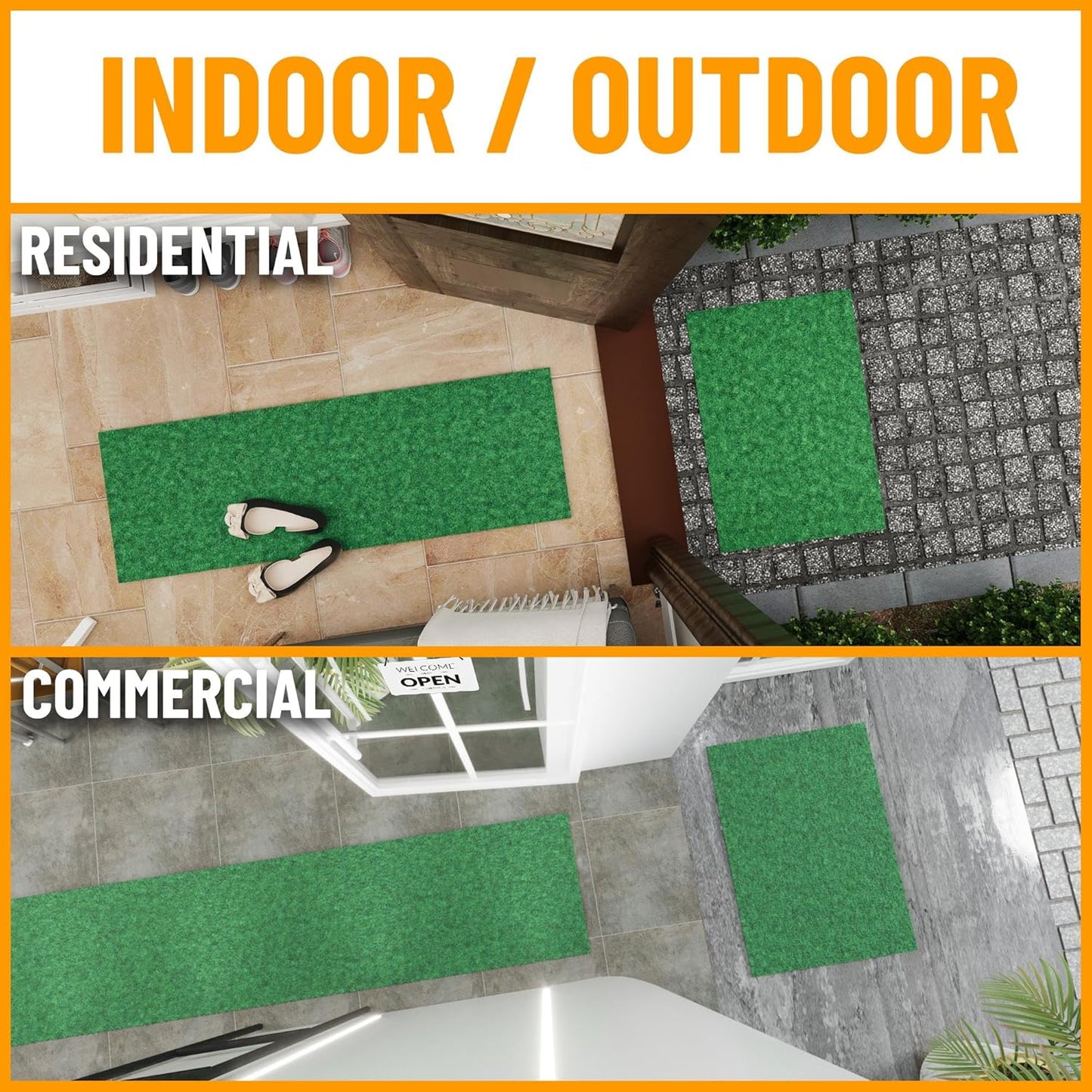 Ottomanson 2' x 19' Hallway Runner with Scraper Pile Extra Durable Non-Slip Rug Mat for Indoor & Outdoor Use - Ideal for Kitchen, Entryway, Patio & Garage - High-Traffic Carpet, Green