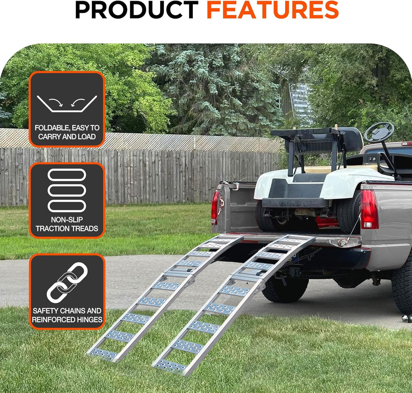 Rockland Foldable Arched Aluminum Loading Ramp, 90'' x 11'', 1500 LBS Loading Capacity, Portable Ramp for Motorcycles, Ebikes and ATVs, 2 Pcs, with 2 Safety Straps Included