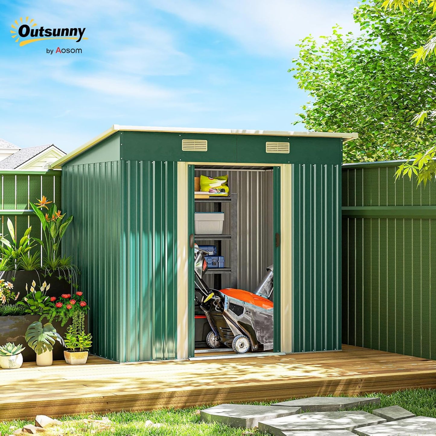 Outsunny 7' x 4' Outdoor Storage Shed, Metal Garden Tool House with Sloping Roof and Lockable Door for Backyard, Bike, Patio, Garage, Lawn, Dark Green