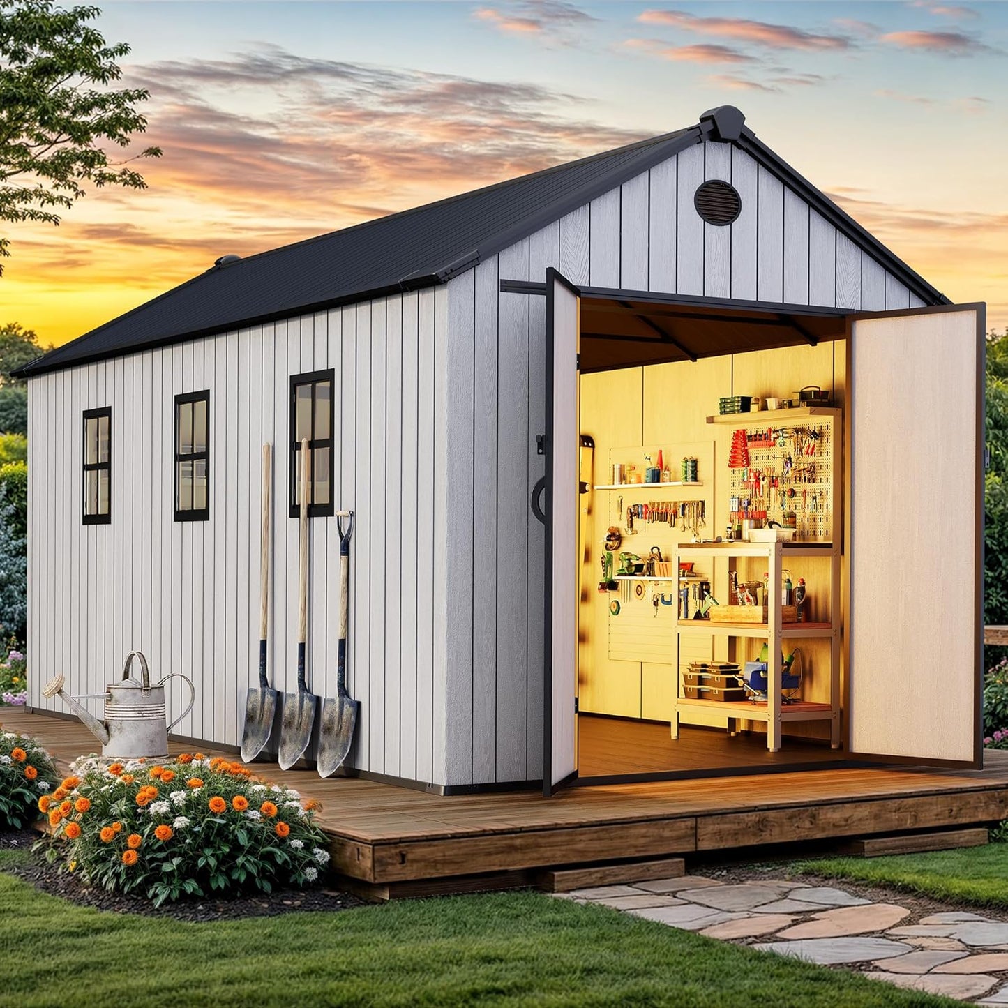 YITAHOME 8x16 FT Outdoor Storage Shed with Floor, Waterproof Plastic Garden Shed with Lockable Doors, 2 Vents & 3 Windows, 875 cu. ft. Resin Shed for Tools, Bikes, Patio or Backyard, Gray