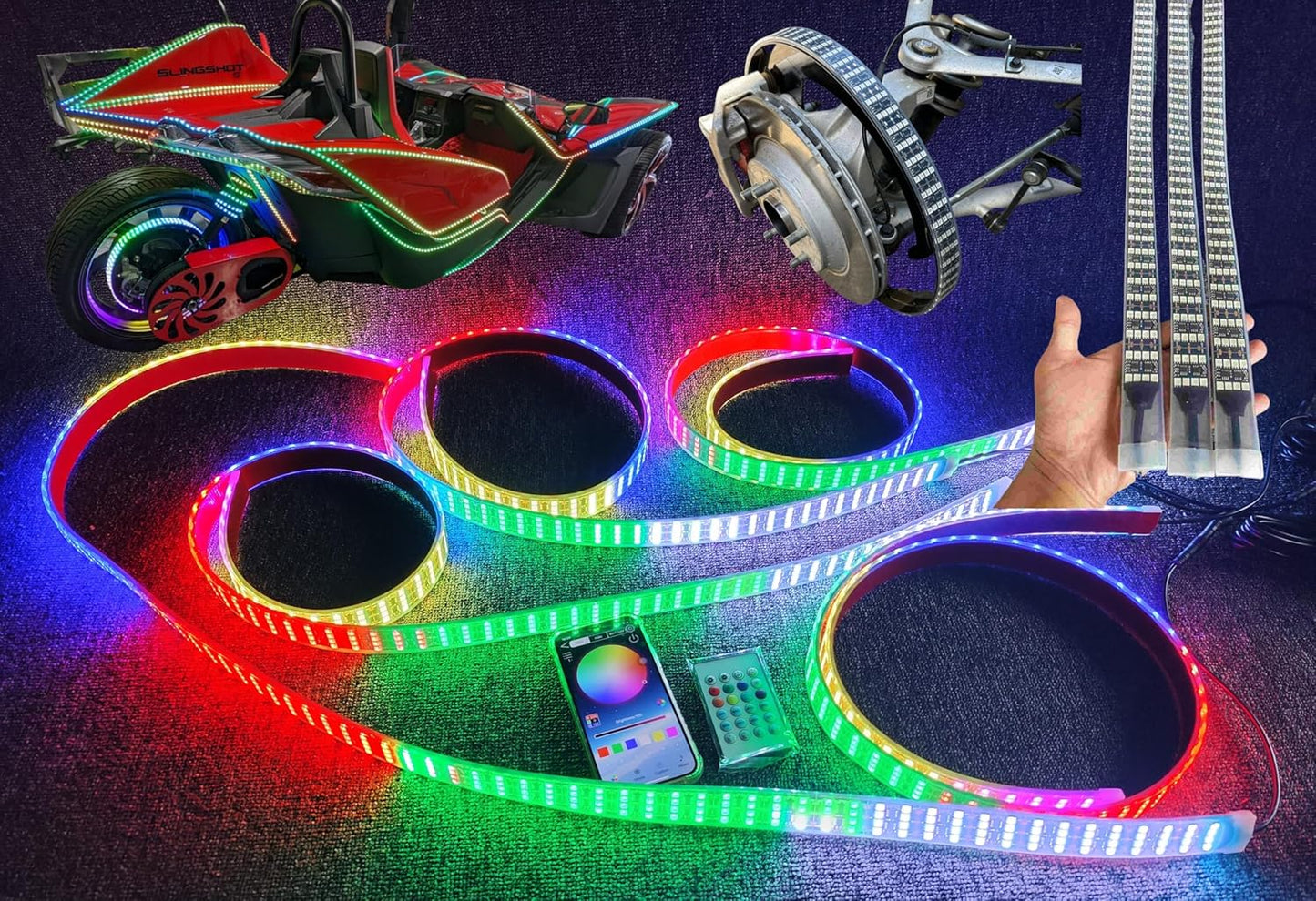 3PCS 4FT Quad Row Brightest Chasing Dream Color LED Light Strips for Making Polaris Slingshot Wheel Well Lights Car Truck Rear Hood Grille Bluetooth + Remote + Switch Control