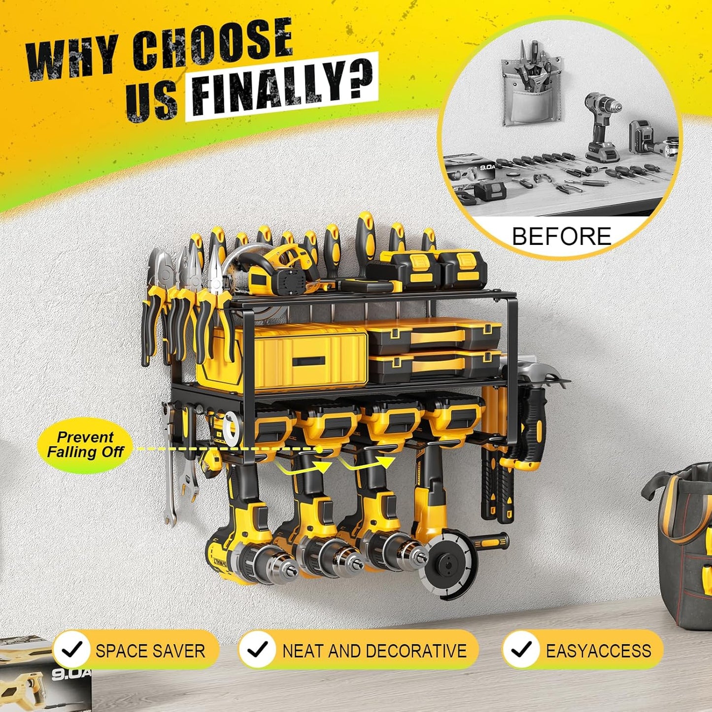 Power Tool Organizer Wall Mount - 200Lbs Load 3 Layers Storage Rack with 4 Drill Holders for Drills Cordless Tools. Heavy Duty Iron Garage Tool Organizer Storage for Workshop Shed Pegboard Basement