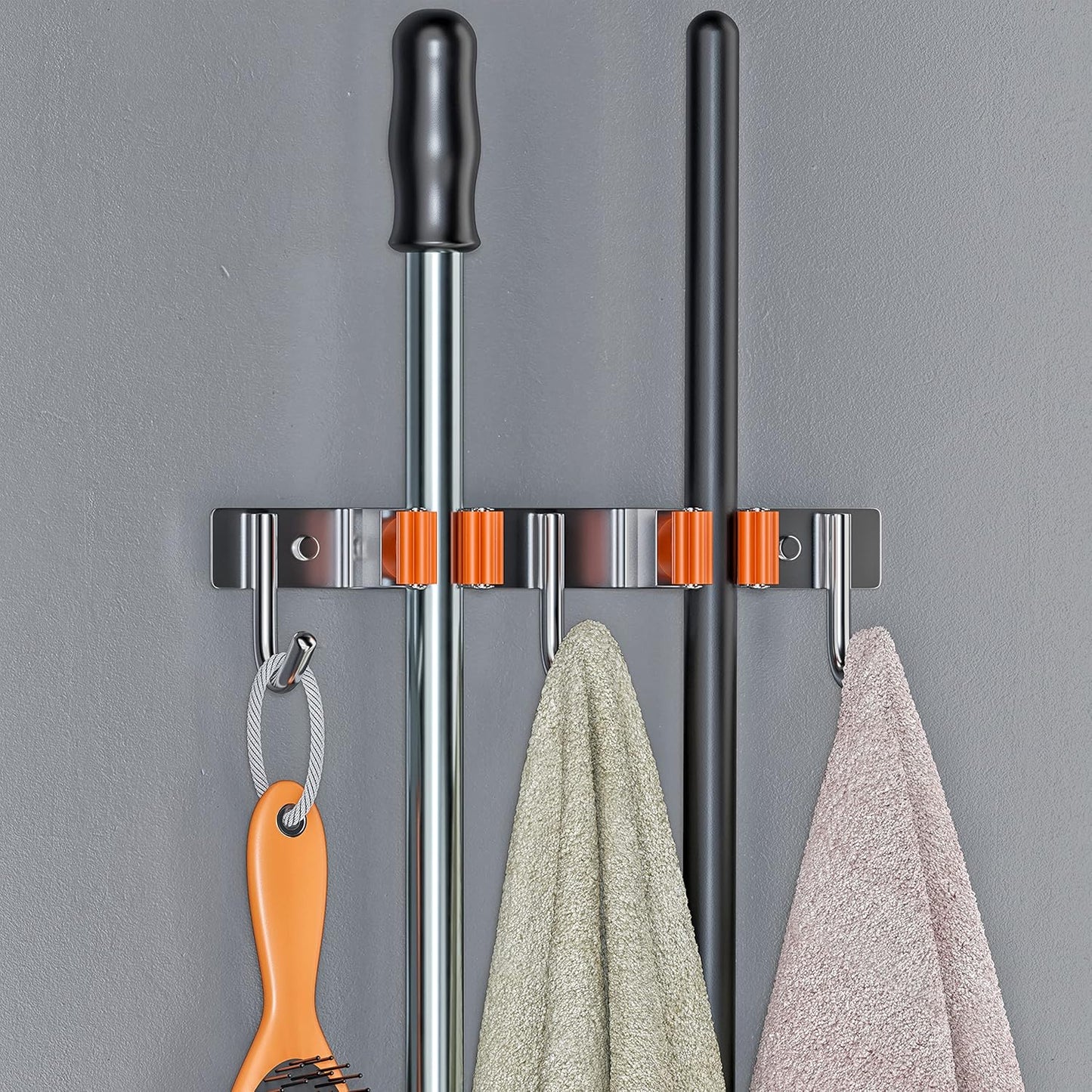 Heavy Duty Broom and Mop Holder Wall Mounted with 2 Rubber Grip Slots & 3 Utility Hooks – SUS304 Stainless Steel, Waterproof, Self Adhesive or Drill Mount, for Garage, Laundry, Kitchen & Closet Use