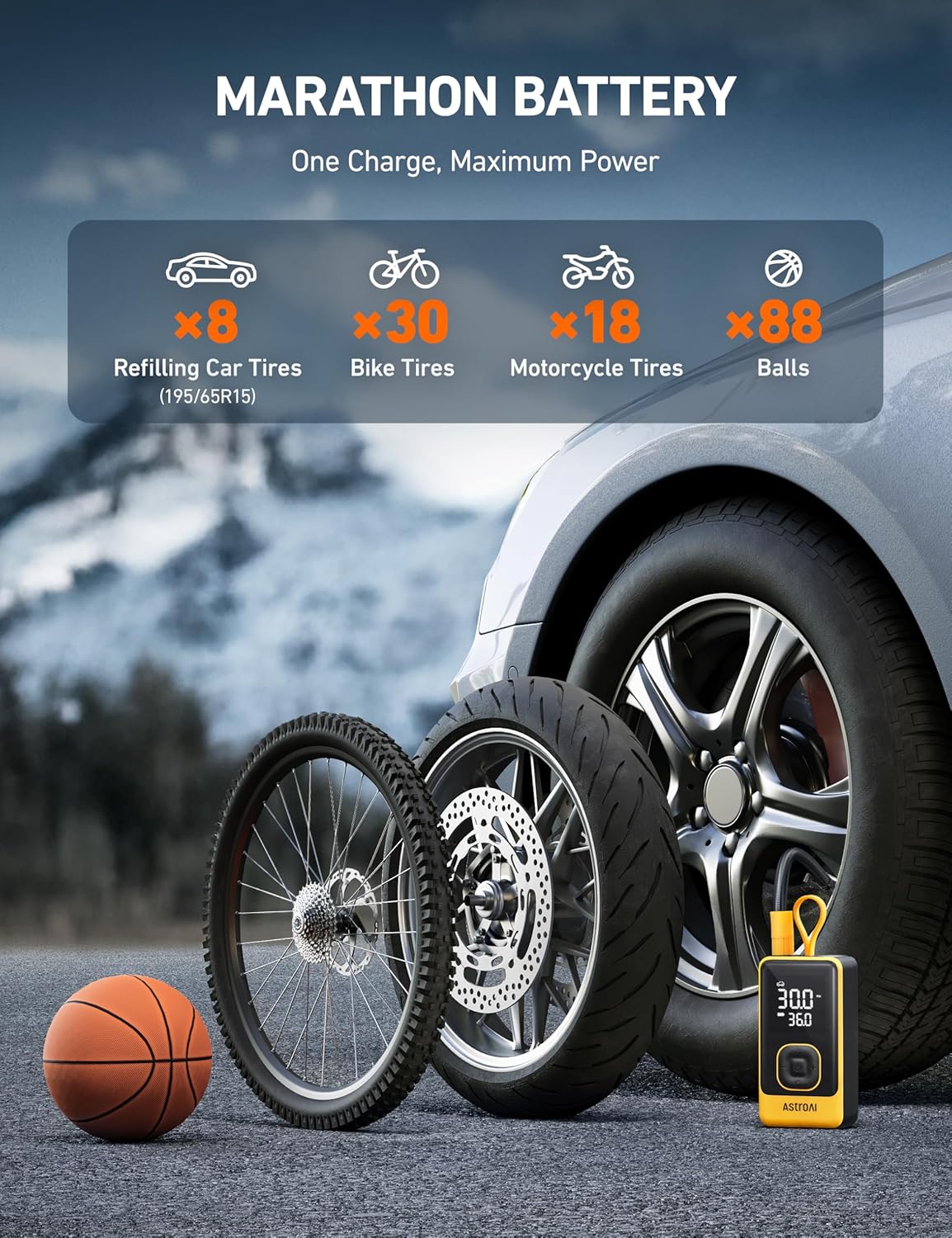 AstroAI L7 Air Tire Inflator Portable Air Compressor, 150PSI Electric Cordless Bike Pump with Fast 1-min Inflation, Auto Shutoff, LED Light – Rechargeable for Car, SUV, Motorcycle, Bike Tires, Yellow