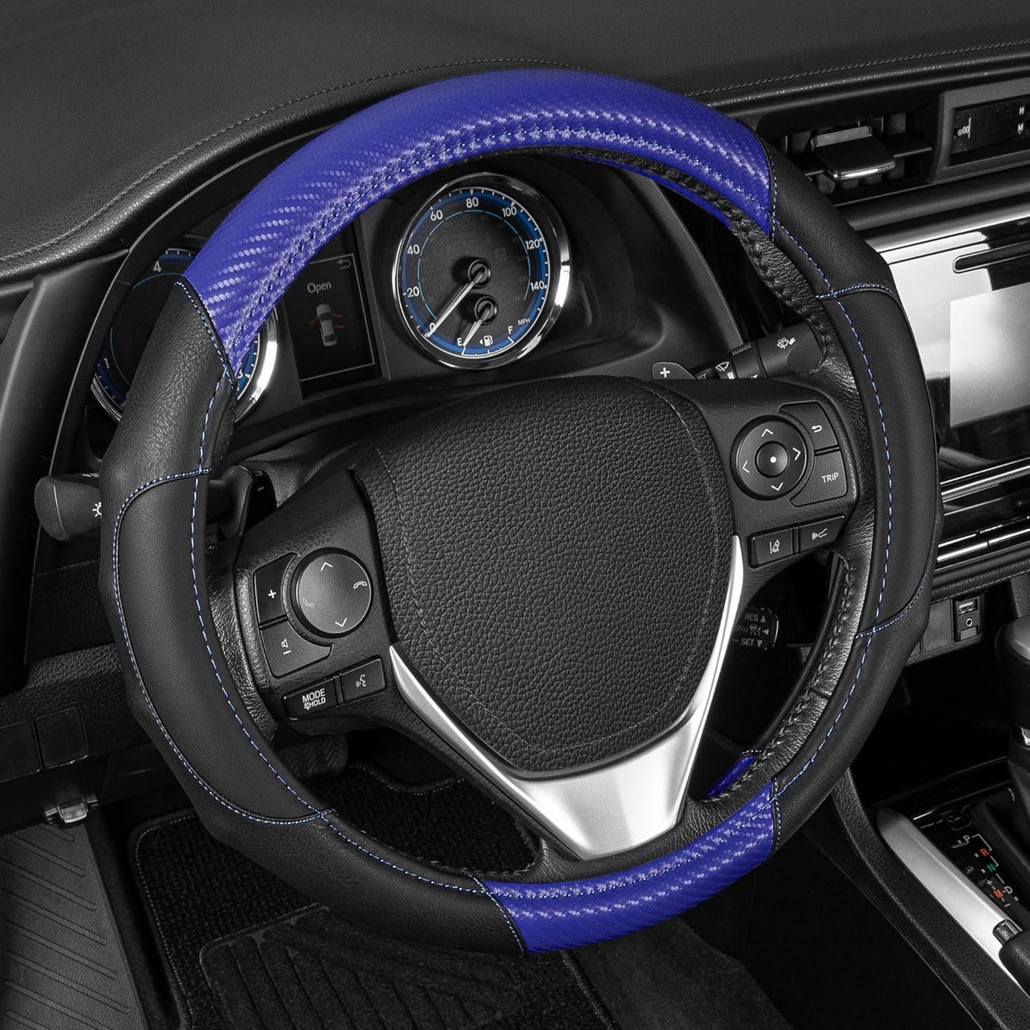 Motor Trend GripDrive Carbon Fiber Steering Wheel Cover, Non-Slip Sporty Racing Faux Leather Ergonomic Comfortable Handle, Steering Wheel Cover for Cars Trucks Vans SUV - Fits Standard 15 Inch - Blue