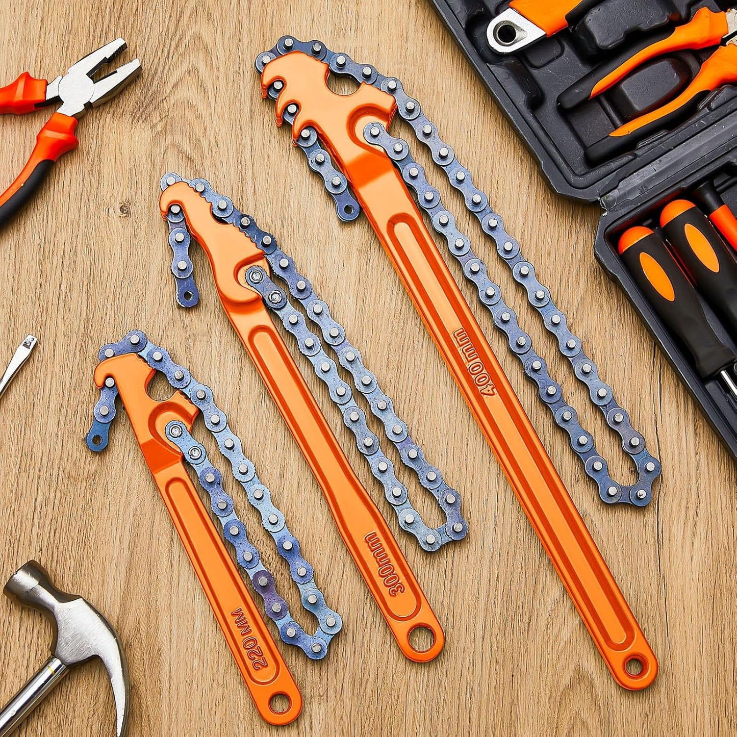 Lasnten 3 Pcs Large Reversible Chain Oil Filter Wrench with 12 16 9 Inch Chain Wrench Adjustable Heavy Duty Carbon Steel Sturdy Pipe Fitting Tool Spanner for Ratcheting Universal(Orange)