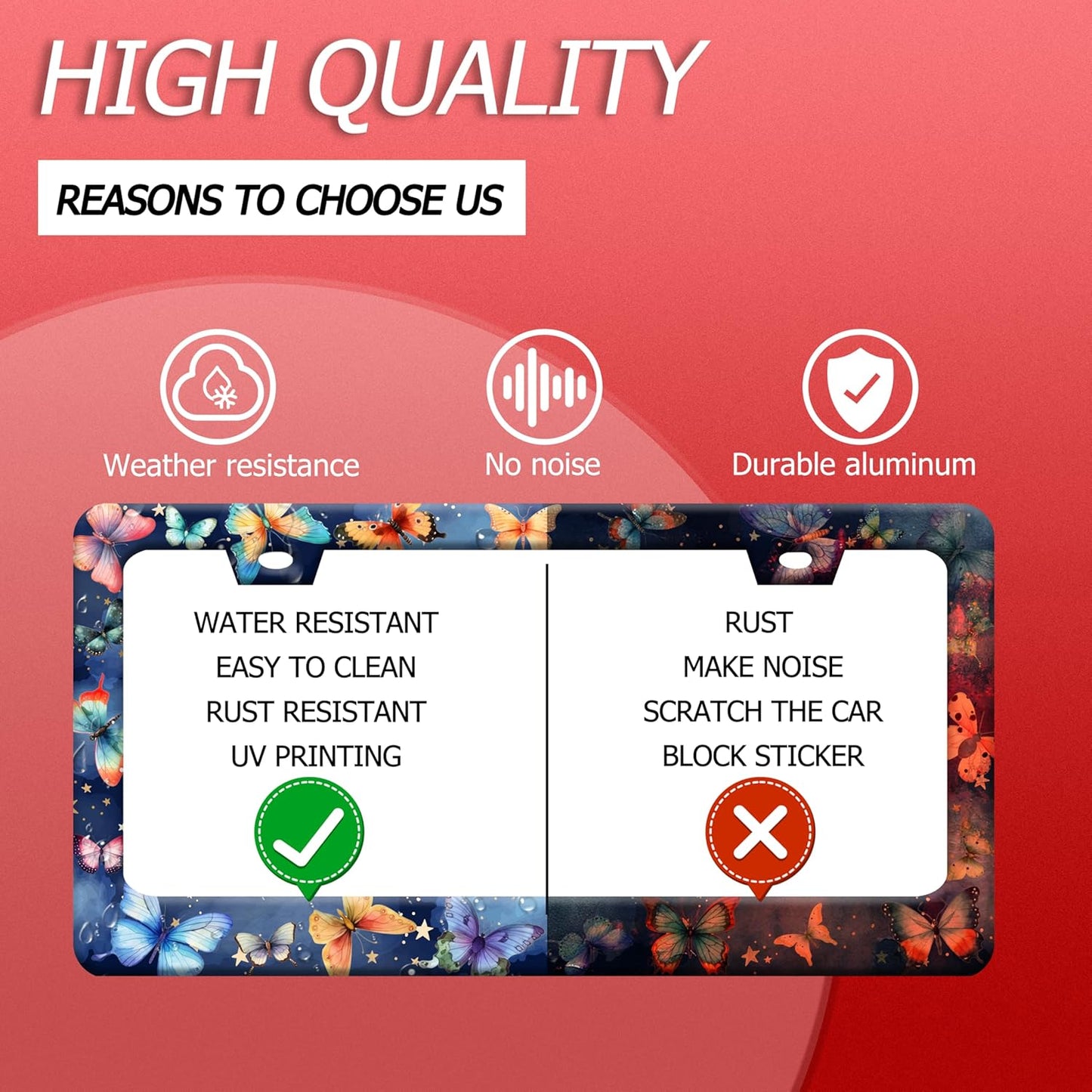 Colorful Butterfly License Plate Frame Fantasy Butterflies License Plate Frames Funny Stainless Steel Accessories Cars Decor with 2 Holes and Screws Fits Standard Us Ca Vehicles Holder 12.2 X 6 Inch