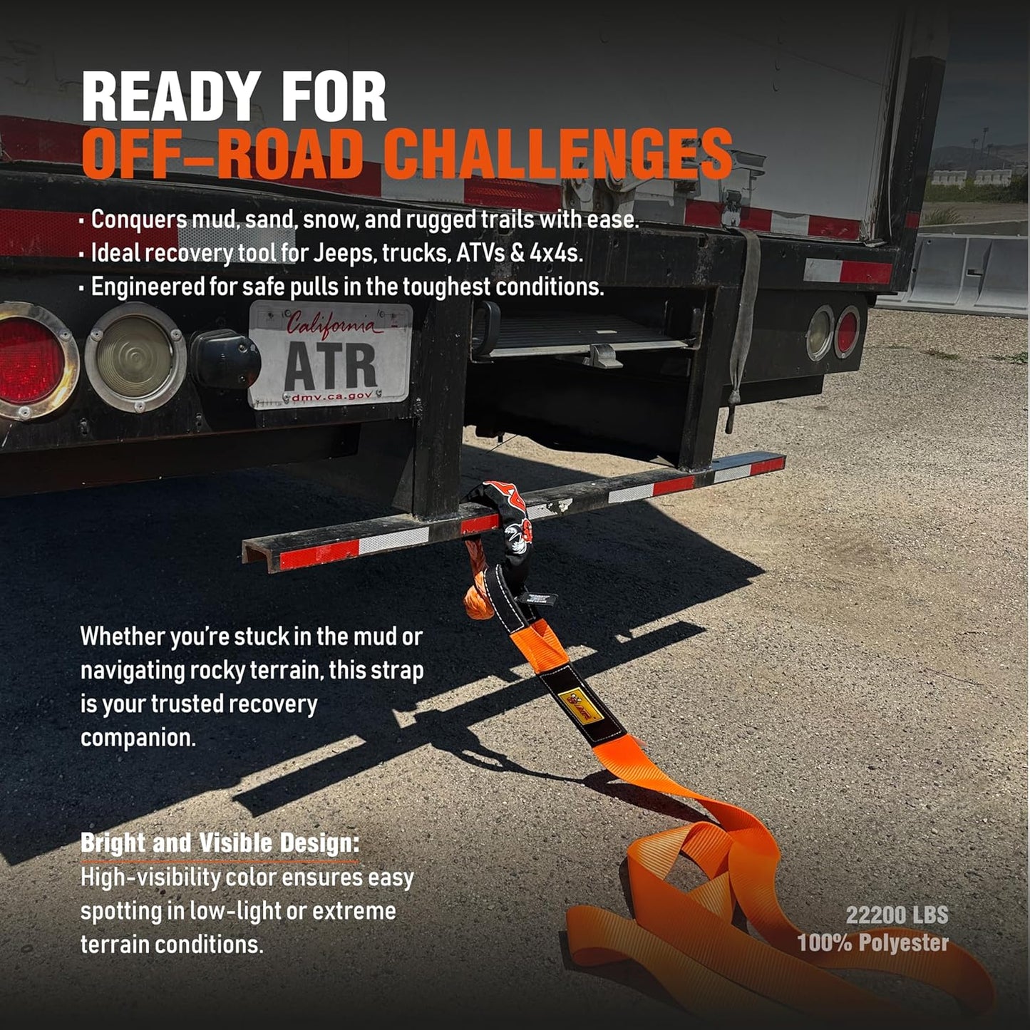 ATR Recovery Tow Strap 3" x 20ft – 22,200 lbs Breaking Strength, Heavy Duty Snatch Strap for Truck, SUV, Off-Road Pulling, Tow Rope with Storage Bag