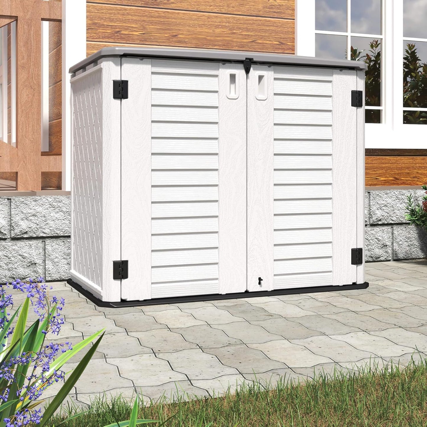 HOMSPARK Storage Shed Weather Resistance, Multi-Purpose Outdoor Storage Cabinet Waterproof, Outdoor Storage Cabinet for Bike, Garbage Cans, Lawnmower, Garden Accessories (off white, Standard-26 cu ft)