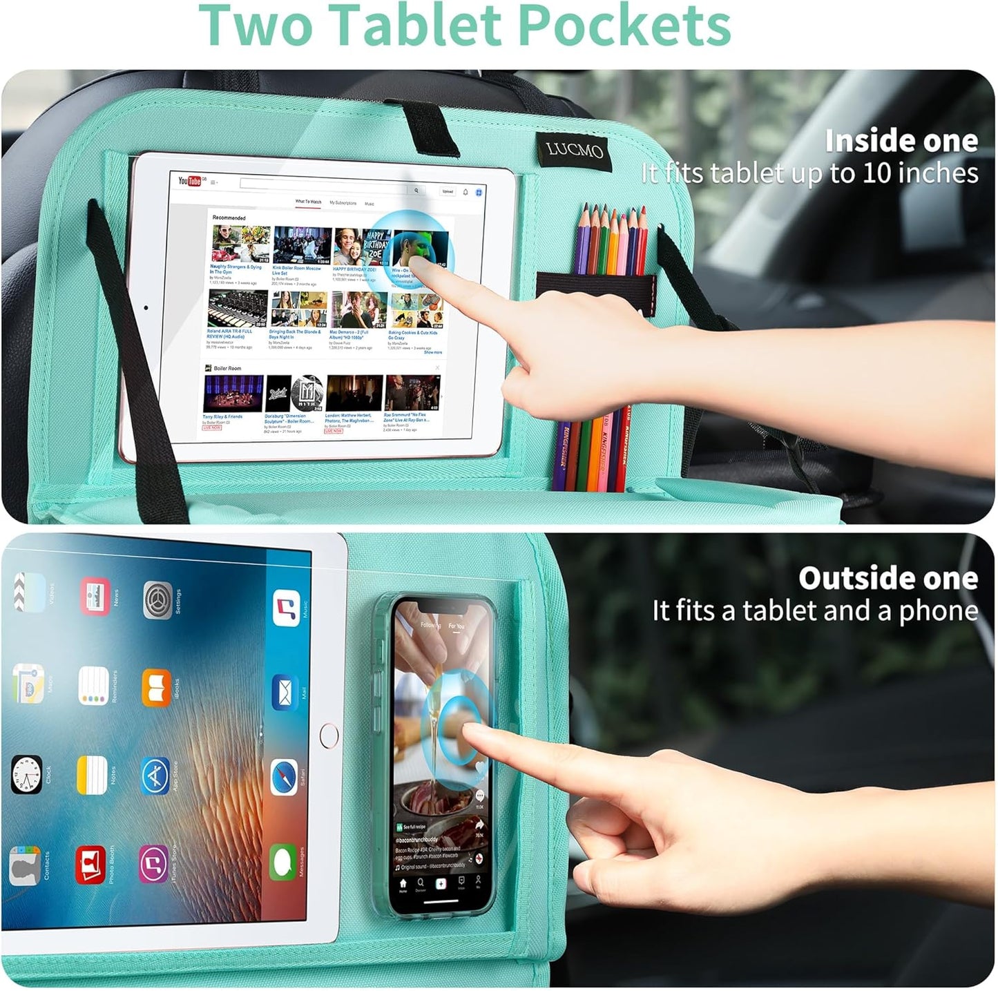 LUCMO Car Backseat Organizer with Tablet Holder-2 Pcs,6 Storage Pockets Car Storage Organizer with Foldable Food Tray,Protectors Kick Mats Travel Accessories-Light Blue