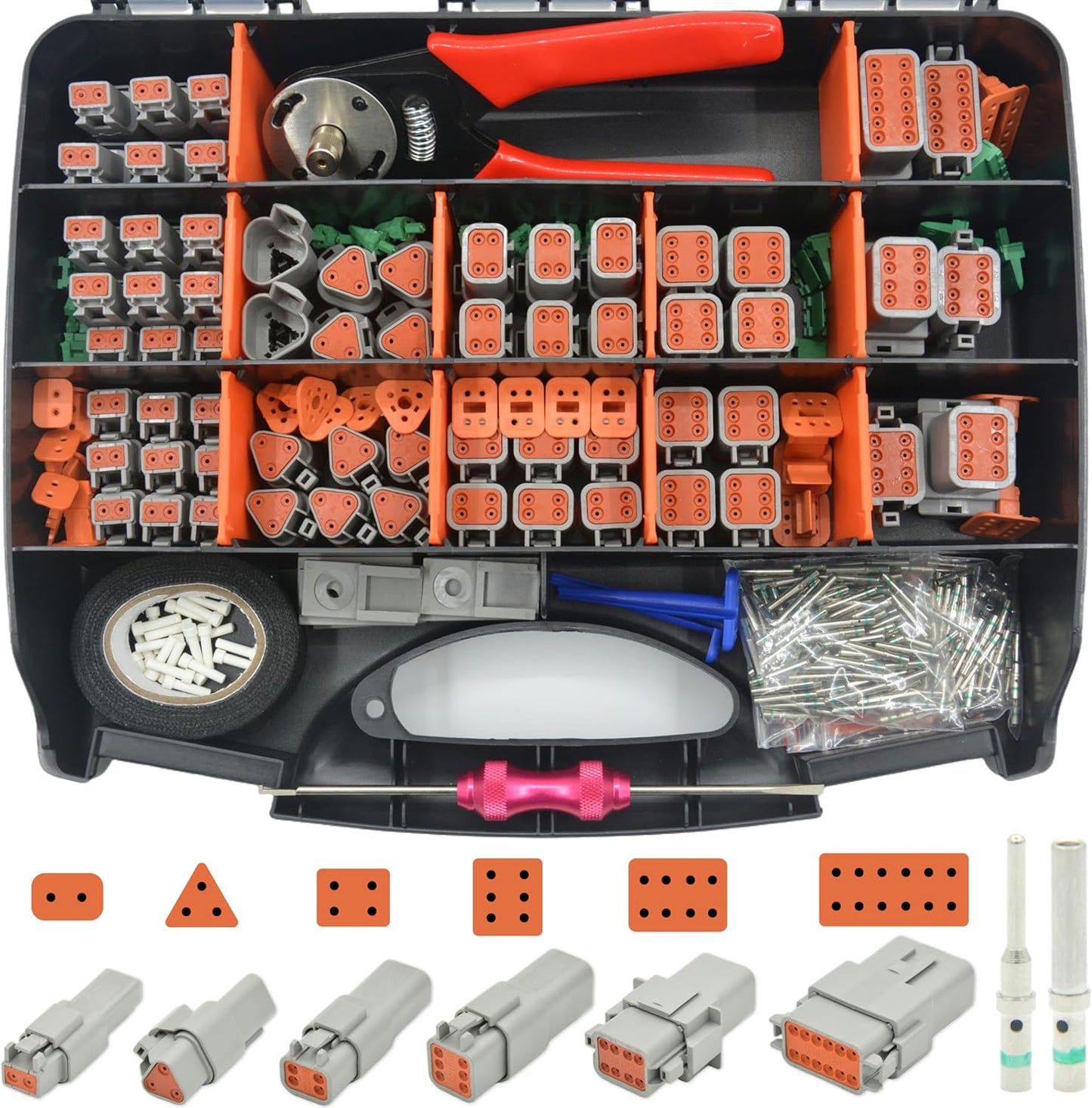 378 PCS DT Deutsch Series Waterproof Connector Kit, 2 3 4 6 8 12 Pin Connectors, Crimping Tool(12-20AWG) & DT Removal Tool, Size 16 Solid Terminal Contacts (14-20AWG) for Cars Motorcycle Boat