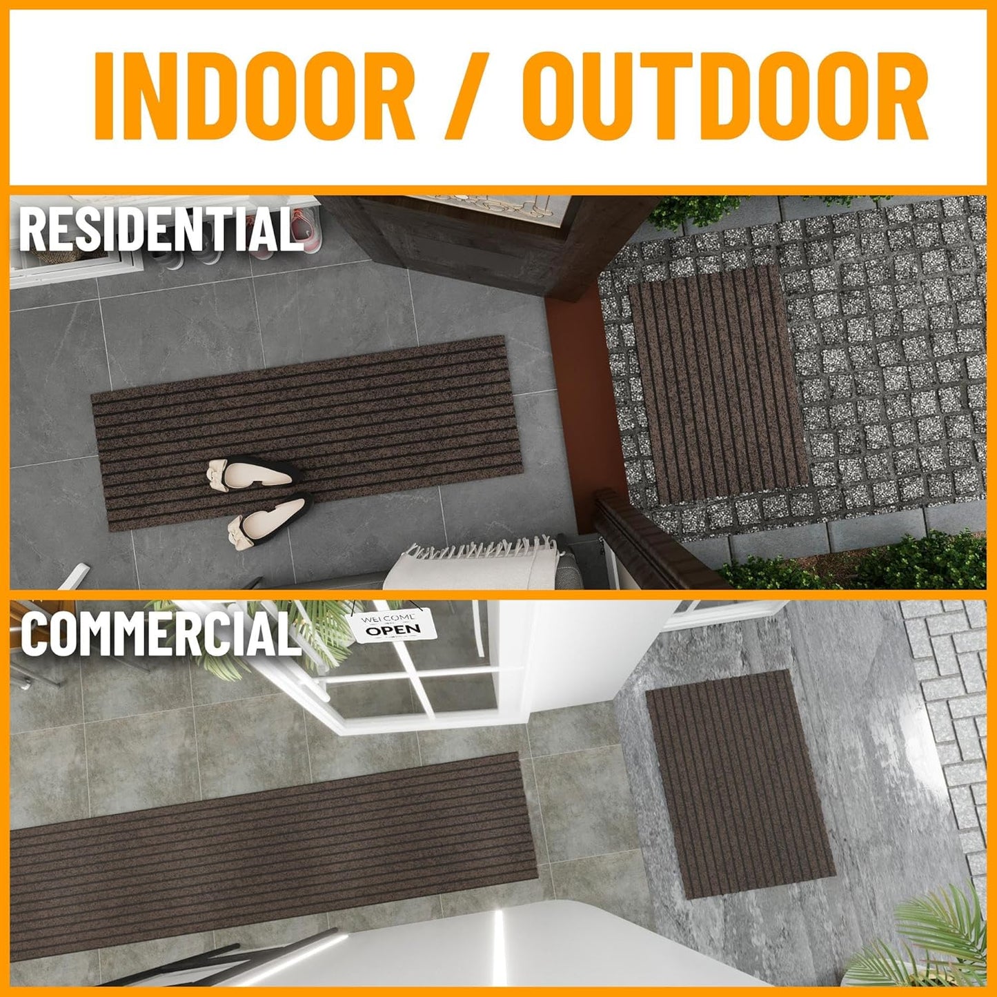 Ottomanson 2'7" x 20' Hallway Runner with Scraper Pile - Extra Durable Non-Slip Rug Mat for Indoor & Outdoor Use - Ideal for Kitchen, Entryway & Garage - High-Traffic Carpet, Brown