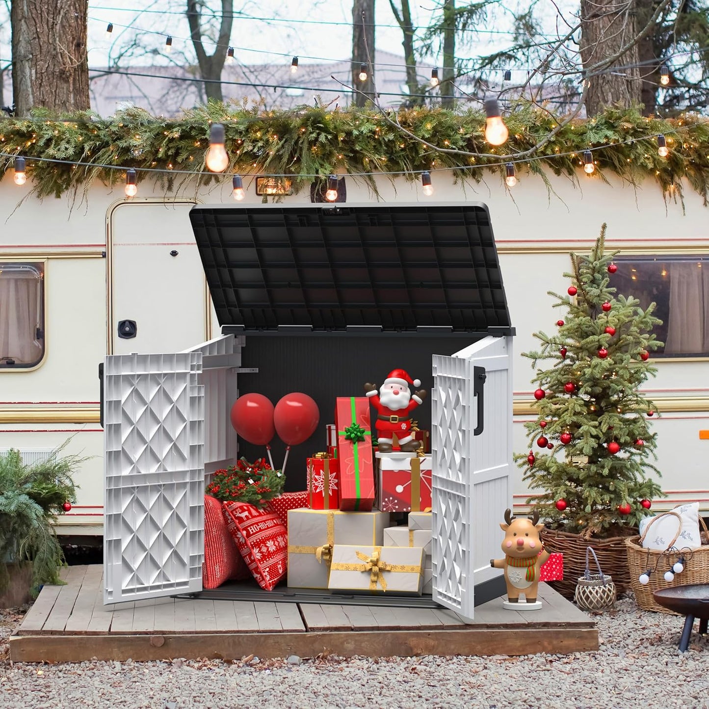 Outdoor Storage Shed 36 Cu. Ft. Resin Garden Horizontal Storage Large Capacity Weather Resistant Storage Box, Lockable Resin Waterproof Shed for Garbage Cans, Garden Tools