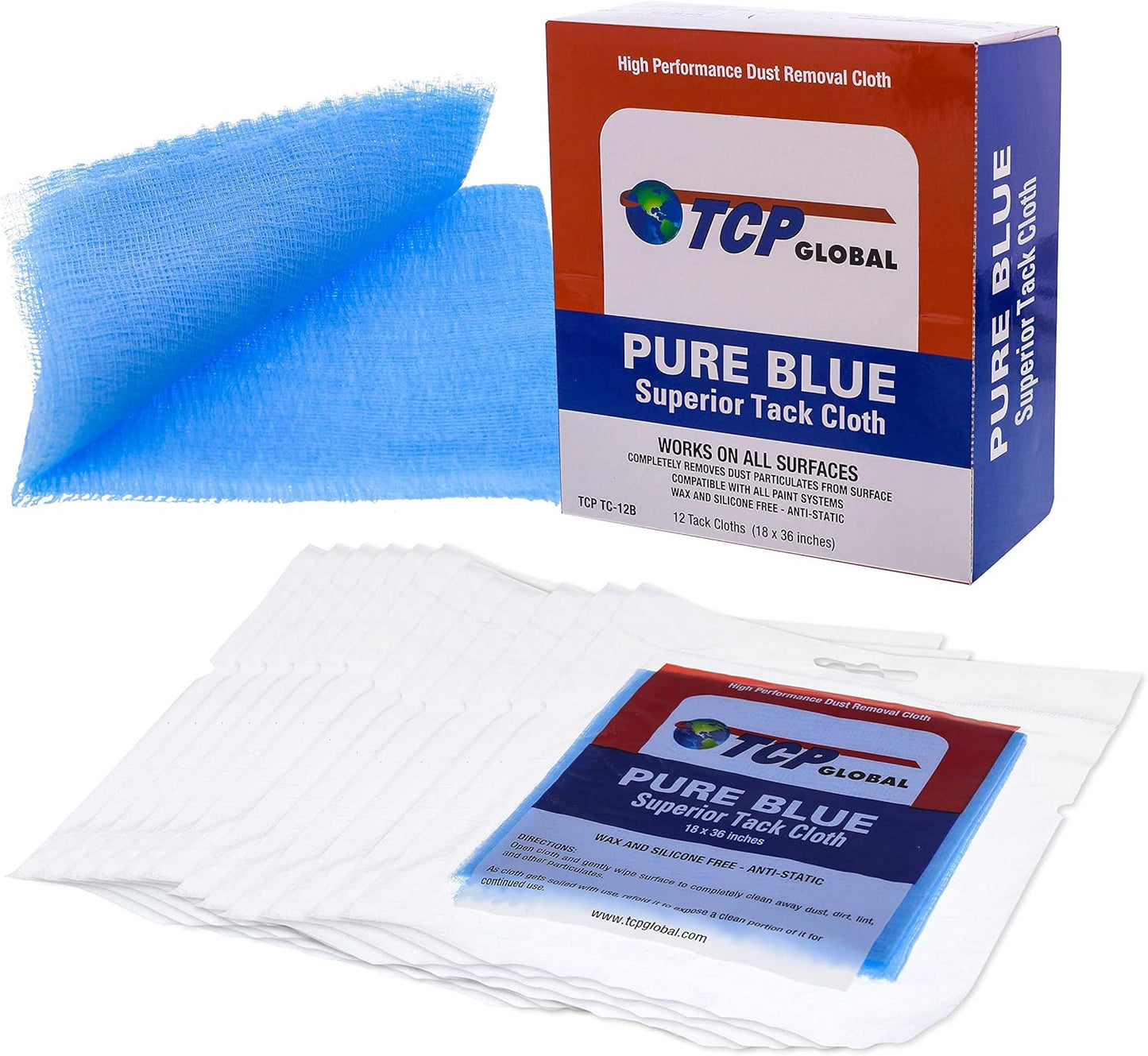 TCP Global Pure Blue Superior Tack Cloth, 144-Pack, Automotive & Woodworking, Dust/Stain/Paint Rags, Tac Cloth for Autobody