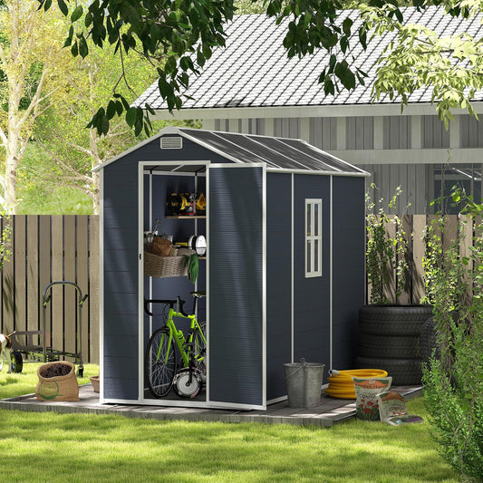 MyVoice 8x4 FT Outdoor Resin Storage Shed with HD Window, Rustproof Waterproof Garden Tool Shed, 12mm Thickened PP Panels, Large Capacity Outdoor Utility House for Backyard Patio (with Floor)