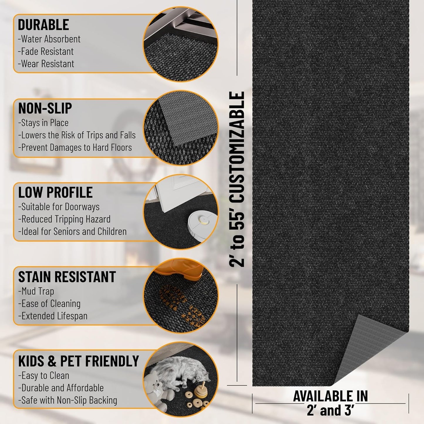 Ottomanson 2'7" x 32' Hallway Runner with Scraper Pile - Extra Durable Non-Slip Rug Mat for Indoor & Outdoor Use - Ideal for Kitchen, Entryway & Garage - High-Traffic Carpet, Black