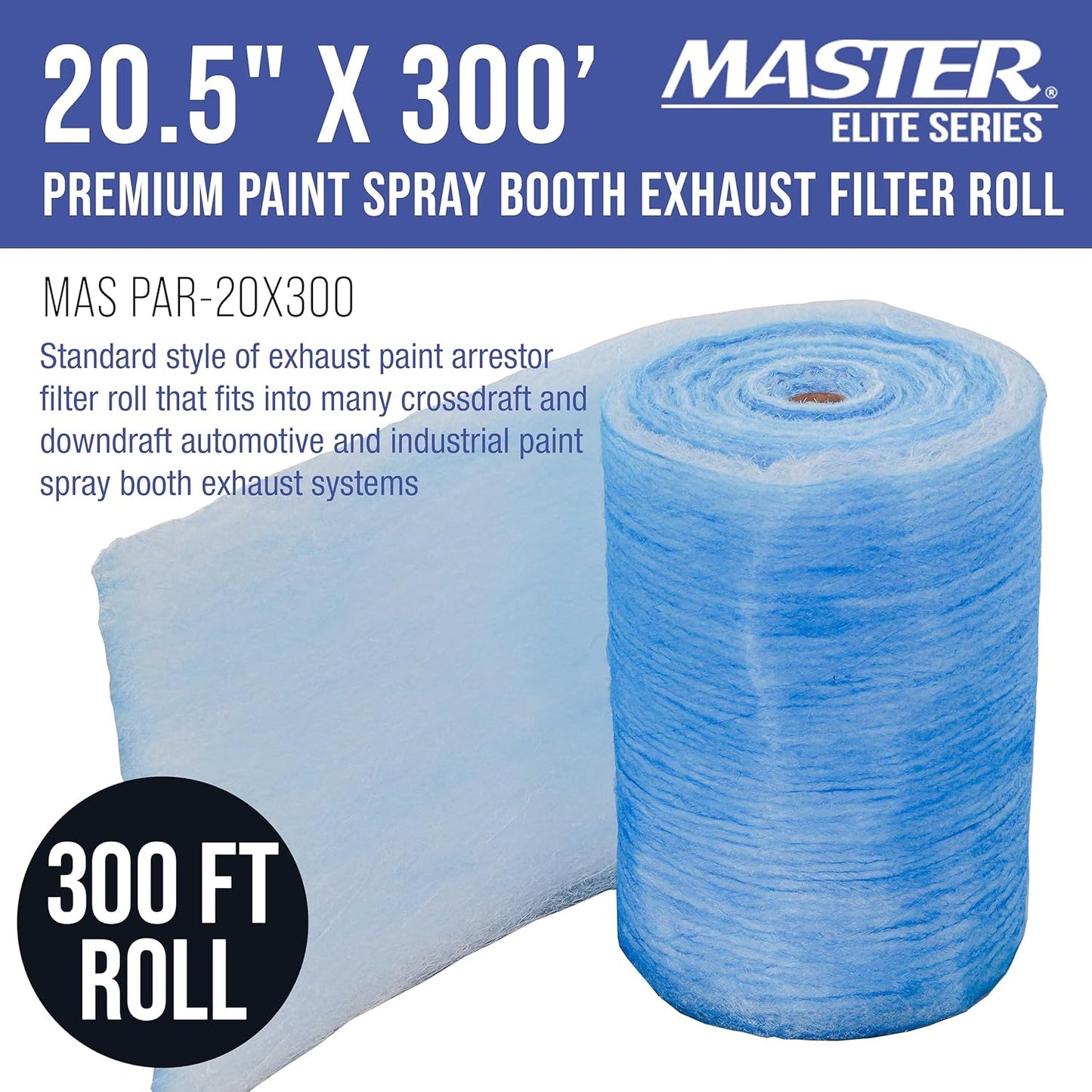Master Elite Premium Paint Spray Booth Exhaust Filter Roll, 20.5" x 300' - 18 Gram Heavy-Duty Fiberglass Paint Arrestor - Captures Traps Overspray Paint Particles in Auto Car Autobody Refinish Booths