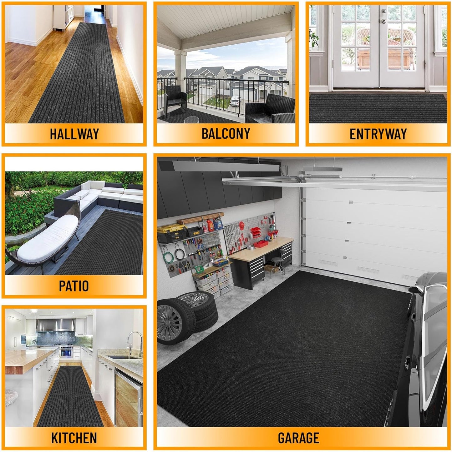 Ottomanson 2' x 38' Hallway Runner with Scraper Pile Extra Durable Non-Slip Rug Mat for Indoor & Outdoor Use - Ideal for Kitchen, Entryway, Patio & Garage - High-Traffic Carpet, Black