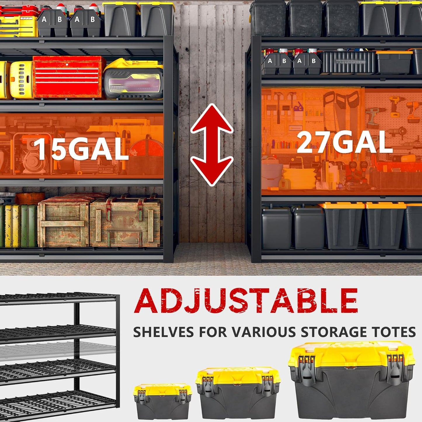 REIBII 60" W Garage Shelving Heavy Duty 2500LBS Storage Shelves 4-Tier Garage Shelves, Adjustable Metal Shelving for Warehouse, Pantry, Kitchen, Commercial, 60" W*60" H*24" D, 2 Pack