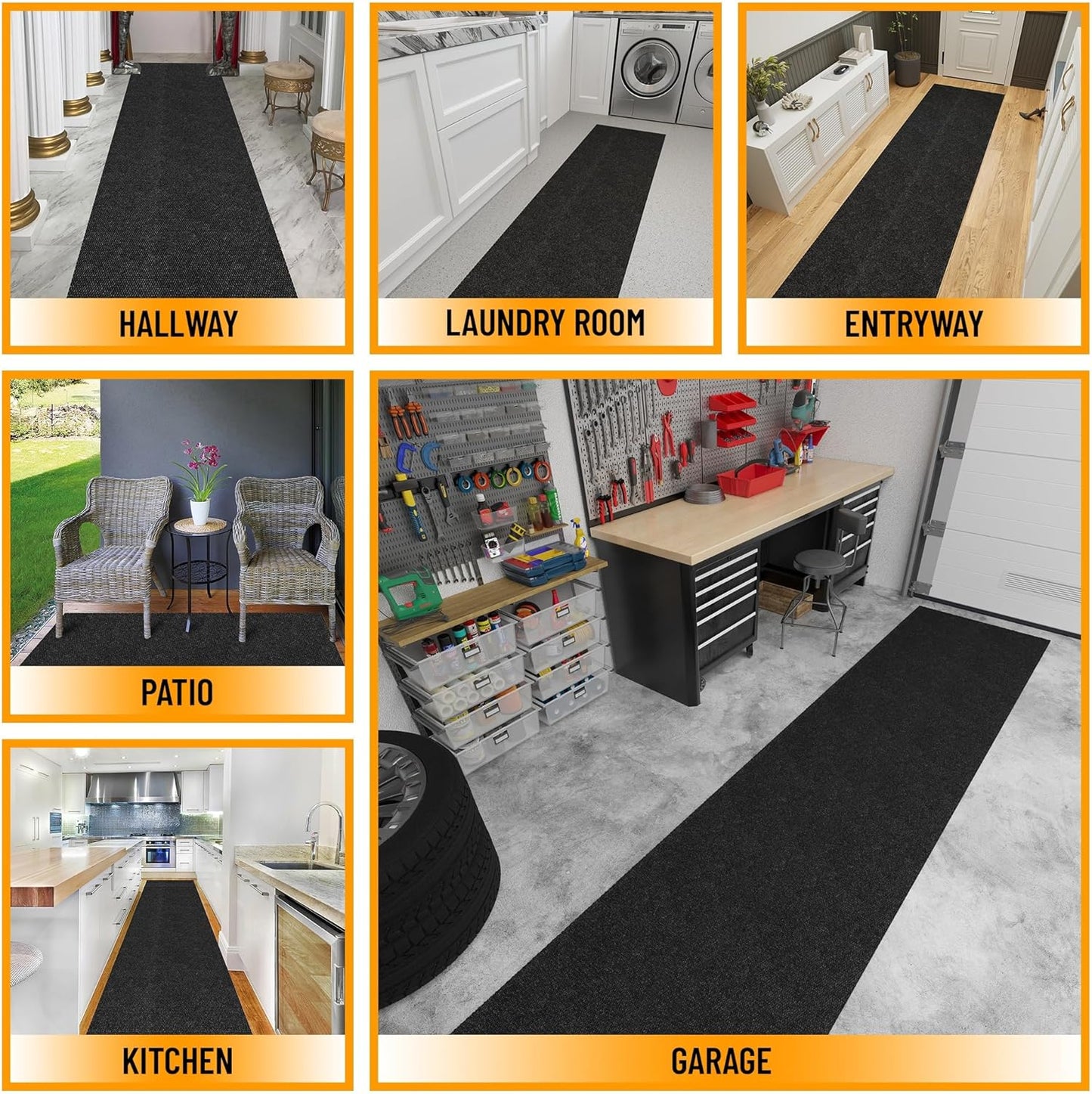 Ottomanson 2' x 22' Hallway Runner with Scraper Pile Extra Durable Non-Slip Rug Mat for Indoor & Outdoor Use - Ideal for Kitchen, Entryway, Patio & Garage - High-Traffic Carpet, Black