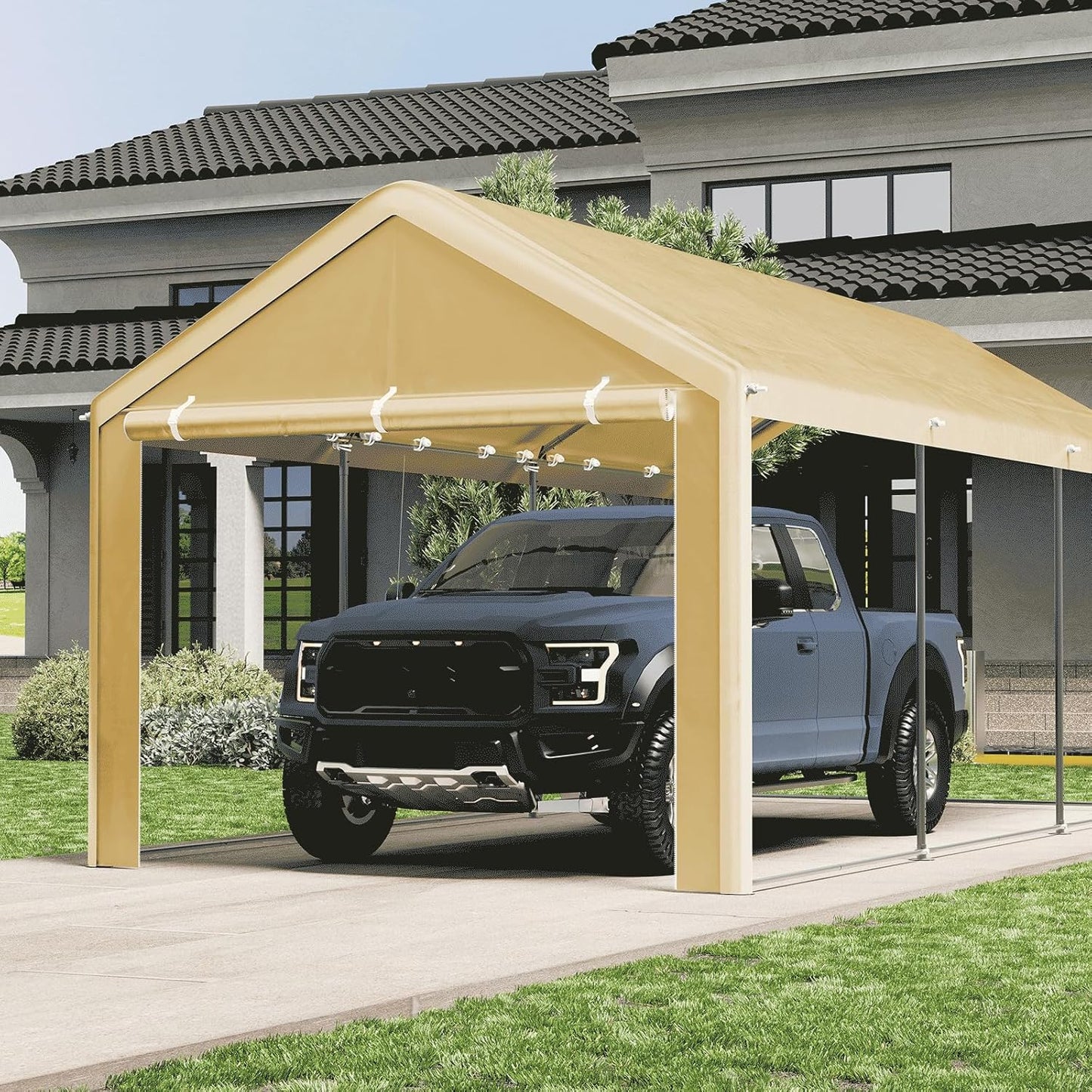 Carport 10x20 Ft, Heavy Duty Car Canopy with Reinforced Ground Bar, Portable Garage with Roll-up Windows and Removable Sidewalls, Galvanized Car Shelter, Large Outdoor Storage Shed (Yellow)