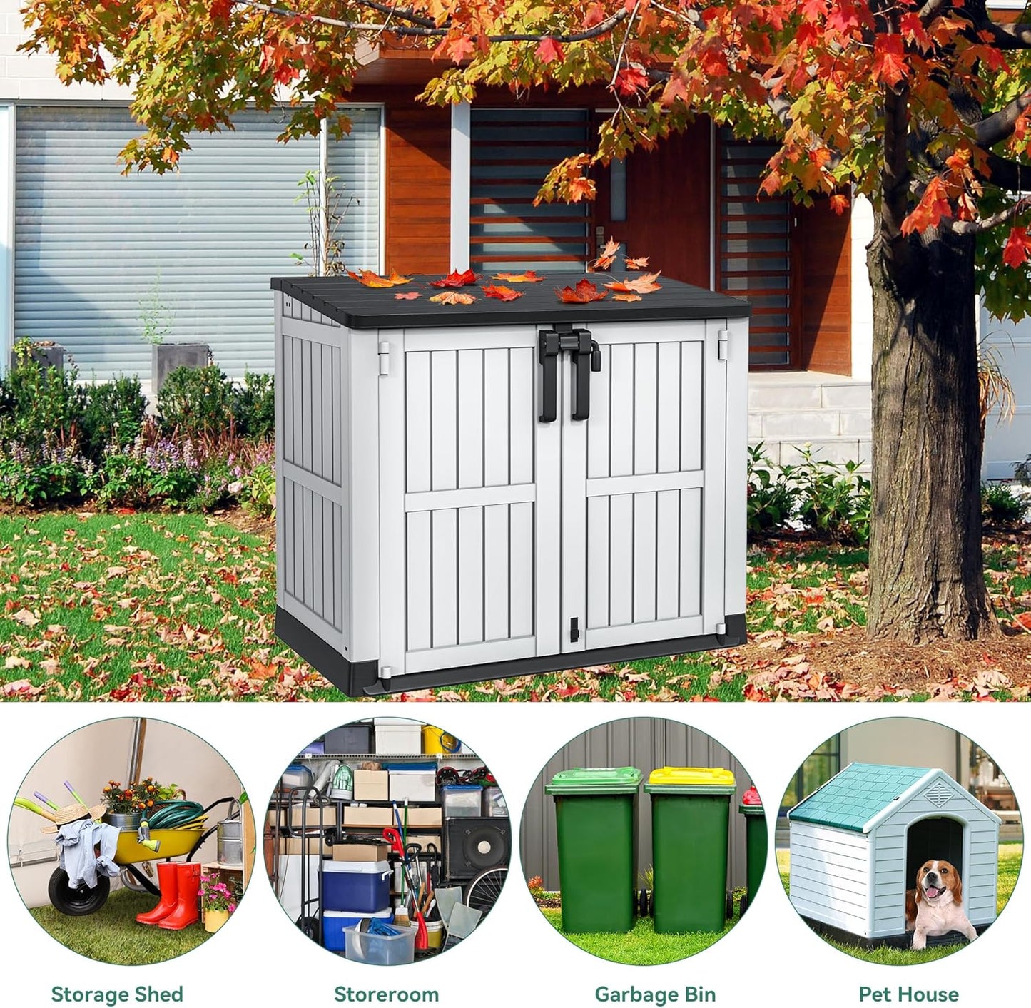 YITAHOME 36 cu ft Resin Outdoor Storage Shed, Weather-Resistant Horizontal Tool Shed, Waterproof Outdoor Storage with Lockable Doors & Air Vent for Trash Cans, Garden Tools (Light Gray)