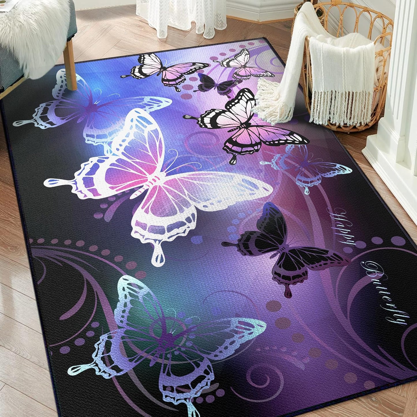 Beautiful Butterfly Fantasy Rug for Playroom Girls Bedroom Colorful Rainbow Butterfly Decor Area Carpet 2x3 Purple Mat 3D Printed Non-Slip Washable
