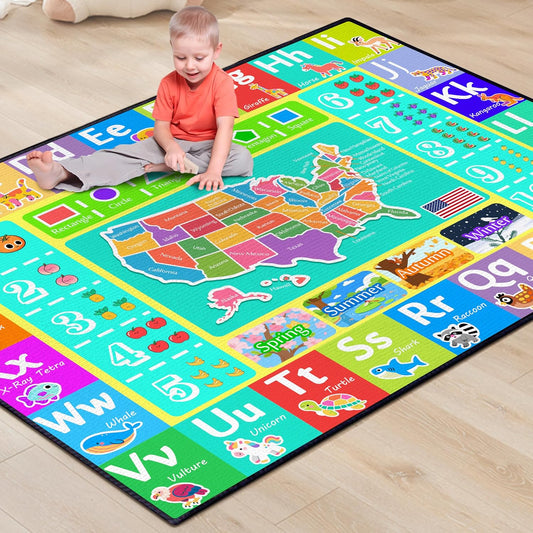 ABC Rug for Kids Playroom, 5'x 6'6" Washable Classroom Area Rugs, Educational Learning Mat with Alphabet Numbers Animals Seasons Shapes for Classroom Preschool Playroom