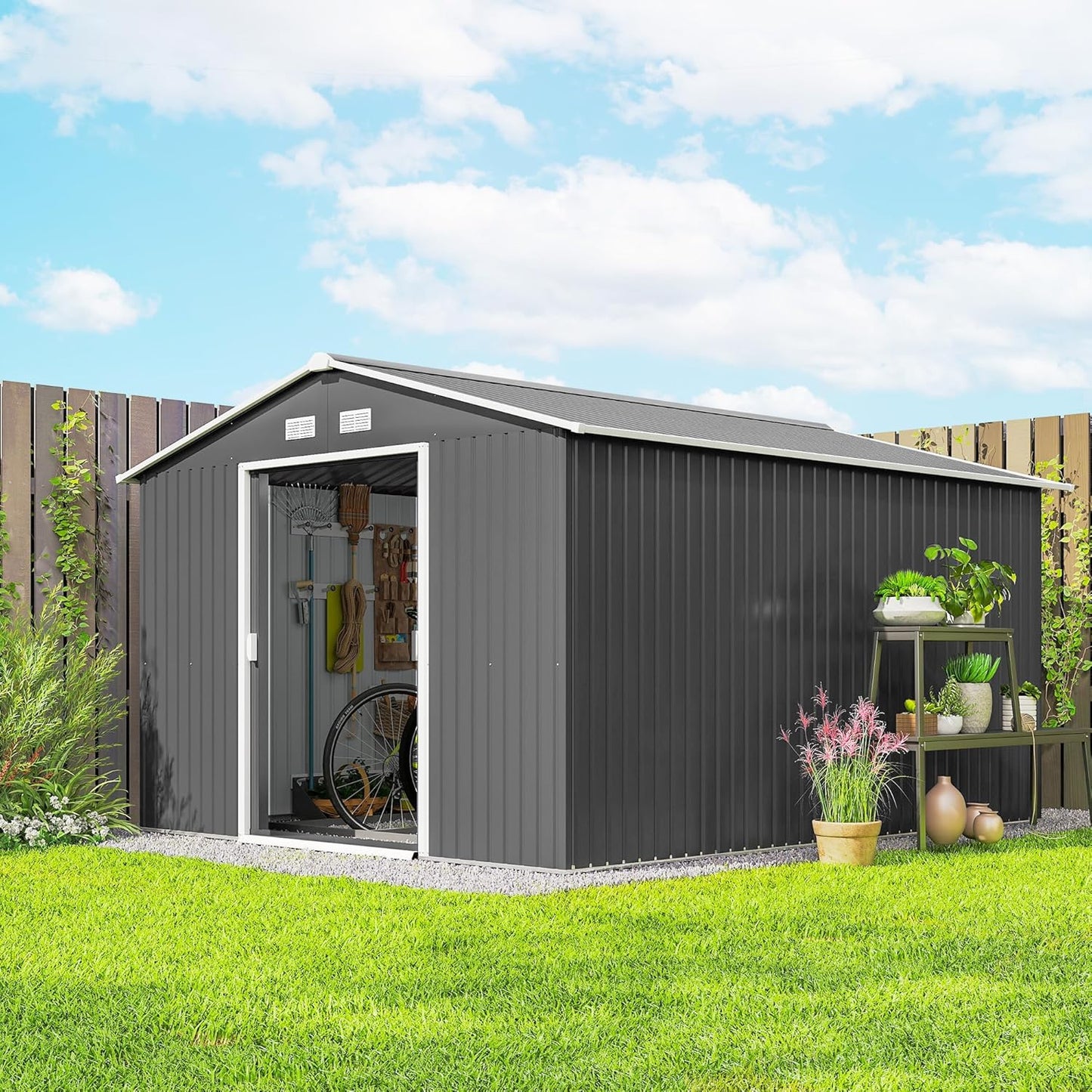 Outsunny 11' x 9' Outdoor Storage Shed, Garden Tool Metal Shed with Foundation Kit, Double Lockable Door, Air Vents and Sloping Roof, for Backyard, Patio, Lawn, Gray