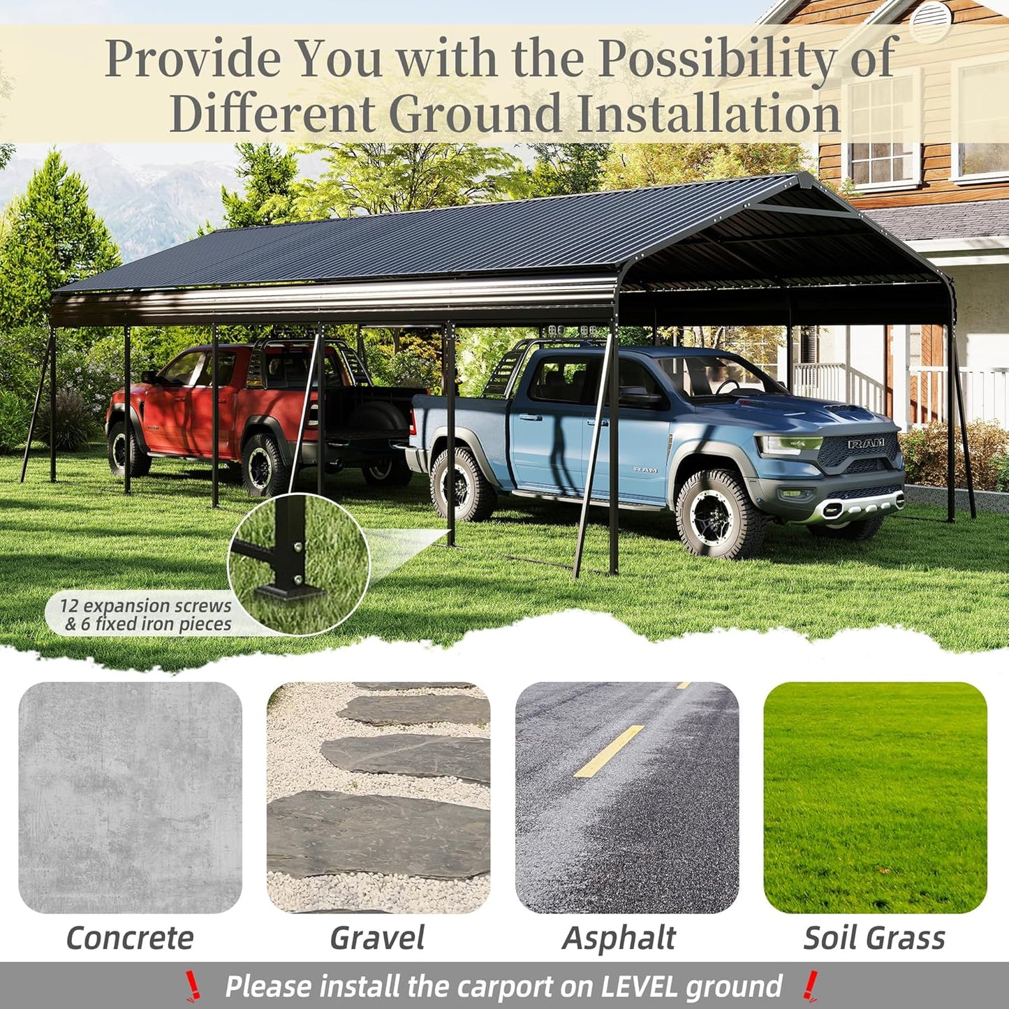 13x26.5 FT Metal Carport, Heavy Duty Car Port Canopy with Galvanized Steel Roof & Frame, Oversized Metal Carport Kit with Hooks, Steel Car Shelter, Outdoor 2 Car Garage for Car, Boat, Truck, Dark Gray
