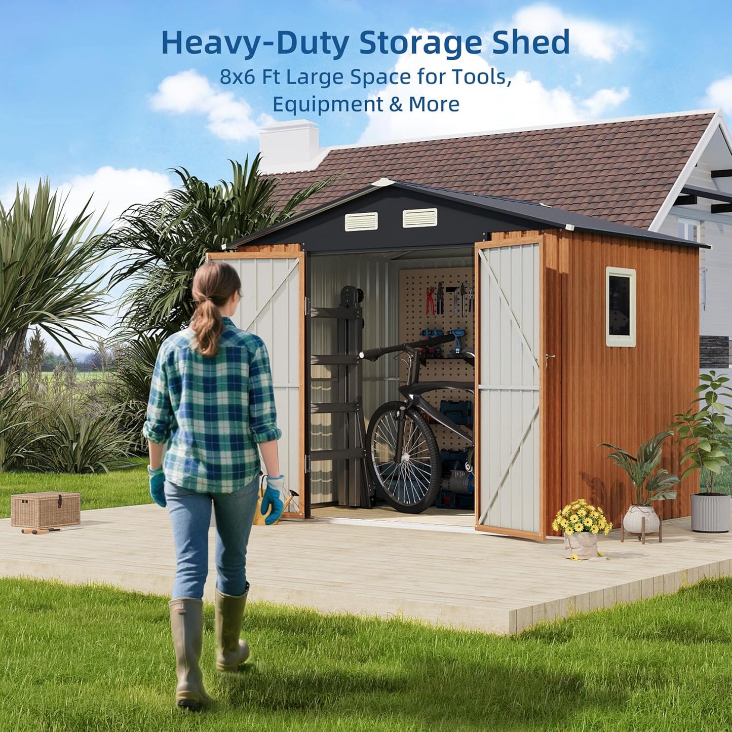 8x6FT Outdoor Storage Shed, Metal Garden Shed with Lockable Doors and Window, Large Tool Shed for Backyard, Patio and Lawn