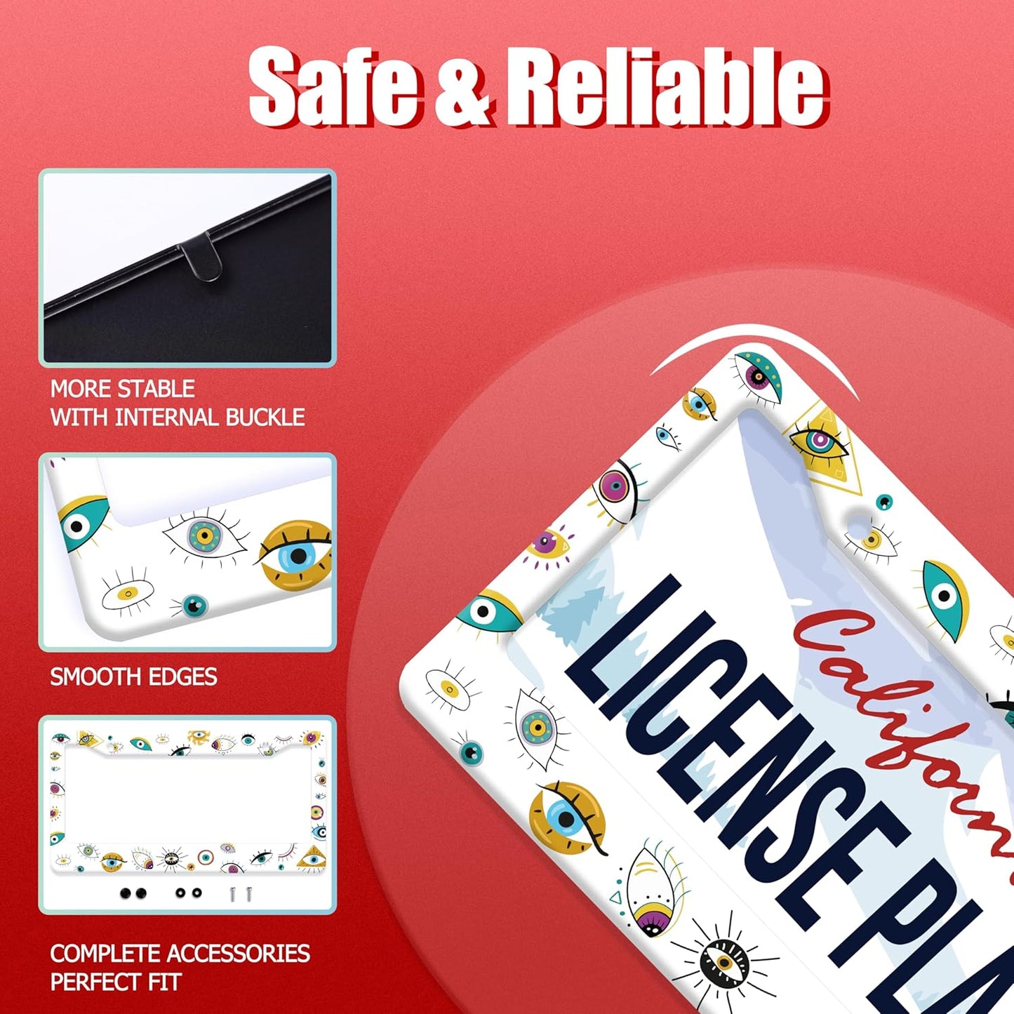 Evil Eye License Plate Frame Colorful License Plate Frames Stainless Steel Accessories Cars Decor with 2 Holes and Screws Fits Standard US CA Vehicles Size 12.2 x 6 Inches