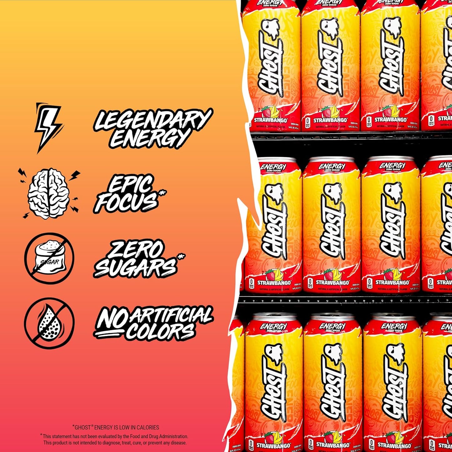 GHOST Energy Drink - 12-Pack, Strawbango, 16oz - Energy & Focus & No Artificial Colors - 200mg of Natural Caffeine, L-Carnitine & Taurine - Gluten-Free & Vegan