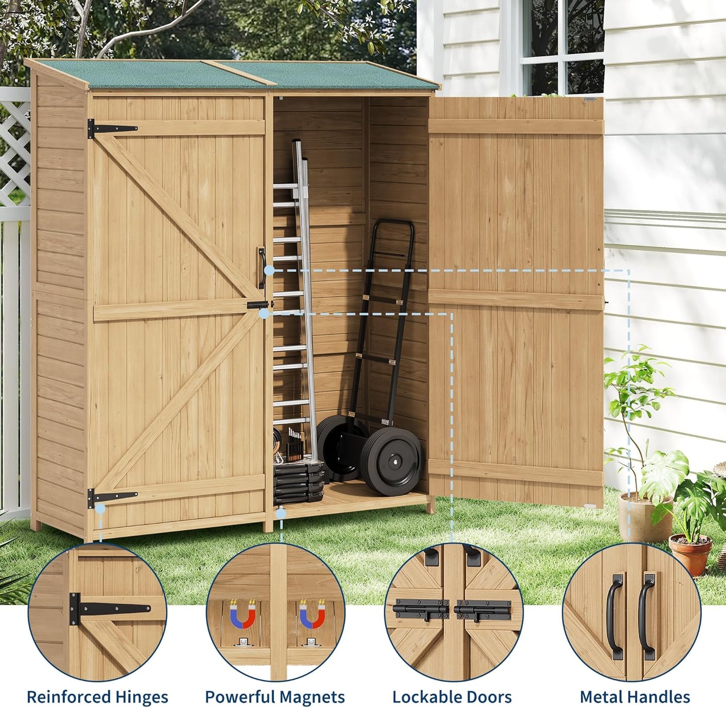 Wooden Outdoor Storage Cabinet, 64" Vertical Tall Garden Tool Shed with Waterproof Sloped Roof, Lockable Double Doors, Removable Shelves, Utility Tool Organizer for Patio, Backyard, Lawn Equipment