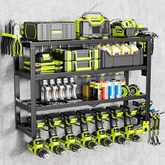 MAXIFFE 4 Layer Power Tool Organizer Wall Mount, Heavy Duty Metal Cordless Tool Organizers and Storage Rack Holder with 9 Drill Holders for Garage Storage Organization, Gifts for Men, Black, 26 inch