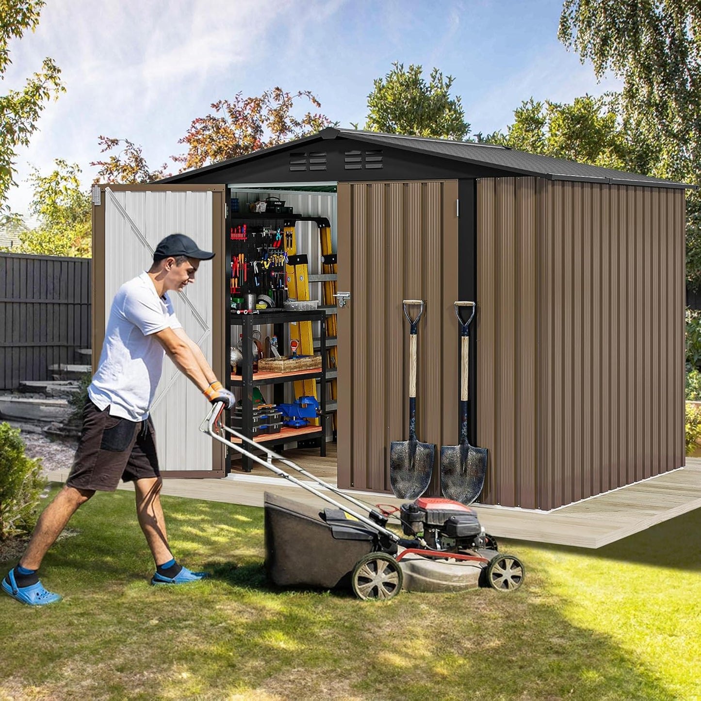 DWVO 8'x6' Large Metal Outdoor Storage Shed, Heavy Duty Tool Storage Sheds for Backyard Patio Lawn - Ideal for Bicycles, Garden Tools, and Lawn Equipment, Easy-to-Assemble, Brown