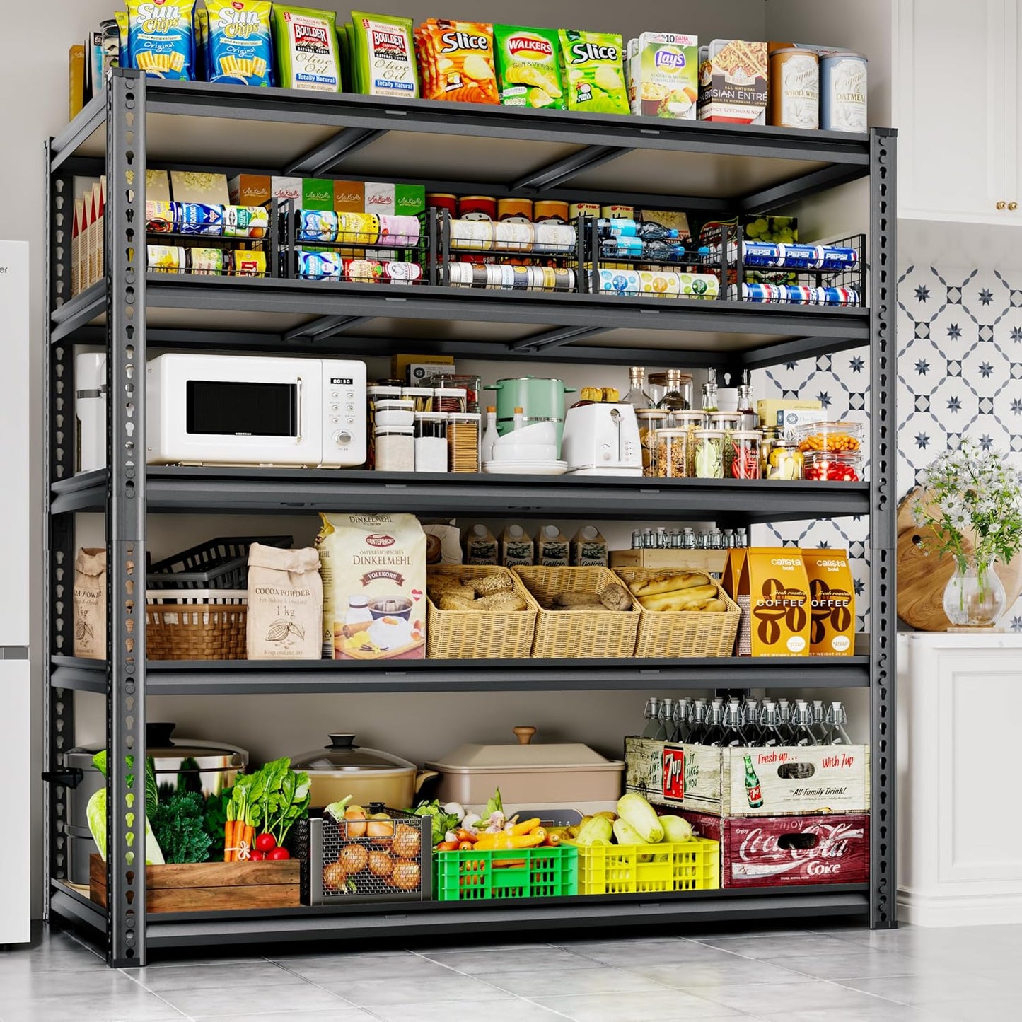 48"W Garage Shelving, 2650LBS Storage Shelves heavy duty, 5 Tier Metal Shelving Unit Adjustable Garage Shelves Heavy Duty Shelving for Warehouse,Commercial, Kitchen, 48" W × 18" D × 72" H, Black