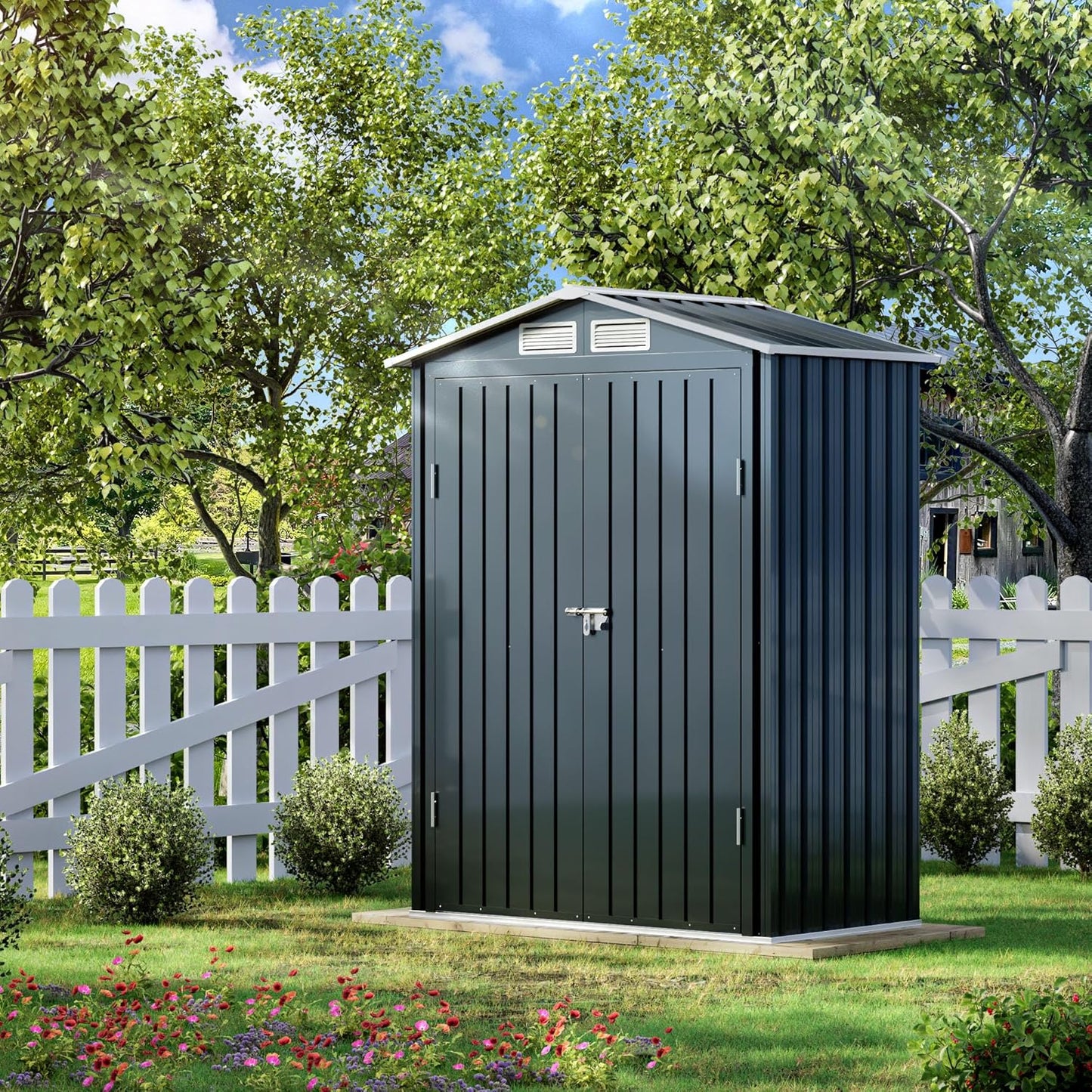 5x3X6.3FT Outdoor Steel Storage Shed with Lockable Doors and Frame Floor, Compact Small Bike Shed, Ideal for Garden, Backyard, Swimming Pool, Patio Utility and Tool Storage