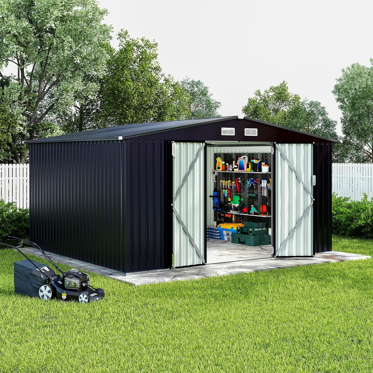 8x10x6.4 FT Outdoor Storage Sheds with Floor, Metal Garden Tool Shed for Backyard, Large Metal Sheds Outdoor Storage With Lockable Doors & Air Vents for Backyard Garden Patio Lawn