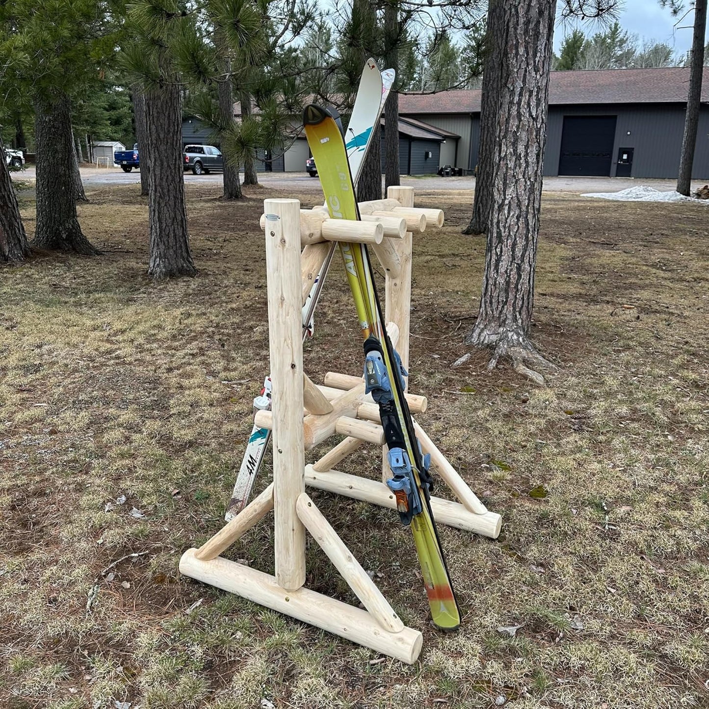 8-Place Freestanding Log Ski Rack Holder, Indoor & Outdoor Snowboard Racks, Standing Storage, Garage Racks for Snow Skis, Durable Snowboard Rack Garage Storage Organizer - Canyon Brown